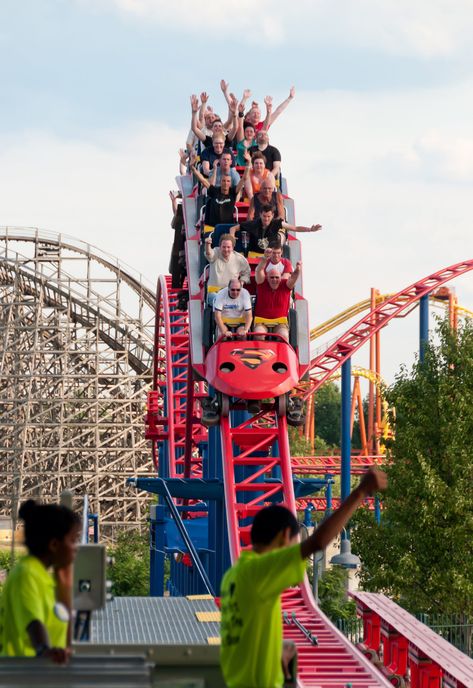 Superman – Ride of Steel are steel roller coasters located at two different Six Flags parks in the United States, including Six Flags America in Woodmore, Maryland, and Six Flags Darien Lake in Corfu, New York. Six Flags America, Darien Lake, Roller Coasters, Six Flags, Corfu, Roller Coaster, Maryland, The United States, Superman