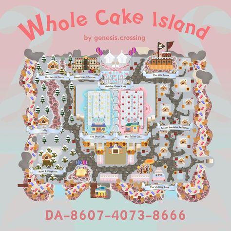 Whole Cake Island ACNH DA, One Piece Whole Cake Island Arc, Animal Crossing Dream Address, ACNH Map Design, Sweets, Candy Land Acnh One Piece, Acnh Dream Address Tropical, Acnh Cake Design, Kawaii Island Acnh, Acnh Island Dream Address, One Piece Whole Cake Island Arc, Acnh Pastel Island, Museum Wedding, Map Design