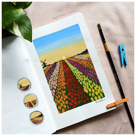 Gouache Tulips, Gouache Sketchbook Ideas, Himi Gouache Art, Miya Gouache, Tulips Field, Painting Journal, Gouache Tutorial, Paintings Tutorials, Manga Hair