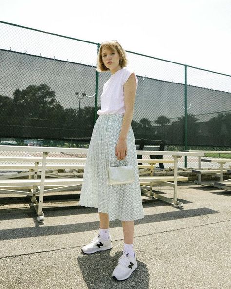 Midi Skirt + Sneakers White Socks Outfit Sneakers, Sneakers And Socks Outfit, Socks Outfit Sneakers, Midi Skirt With Sneakers, White Socks Outfit, Dress With Socks, 13 Outfits, Skirt Sneakers, Skirts With Sneakers