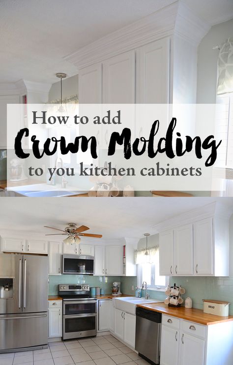 Crown Moulding Kitchen Cabinets, Builder Grade Cabinets, Kitchen Renovation On A Budget, Kitchen Cabinets Painted Before And After, Diy Kitchen Cabinets Build, Kitchen Cabinet Molding, Best Kitchen Cabinet Paint, Crown Molding Kitchen, Kitchen Cabinet Crown Molding