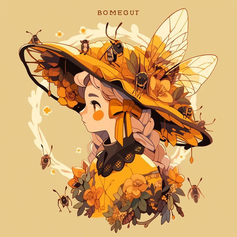 Honey Character Design, Bee Themed Clothes, Bee Girl Character Design, Spring Character Design, Bee Fursona, Bee Concept Art, Cottagecore Character Design, Bee Character Design, Bee Oc