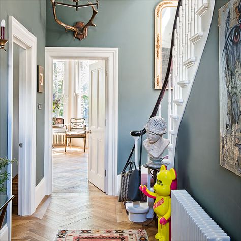 Hallway | Be inspired by a luxurious and quirky west London home | Modern home | House Tour | PHOTO GALLERY | Livingetc | Housetohome Hallway Lights Uk, Hallway Colour Inspiration, British Hallway, Heritage Hallway, Hallway Colour Schemes, Hallway Staircase, Traditional Hallway, Herringbone Floors, Blue Hallway