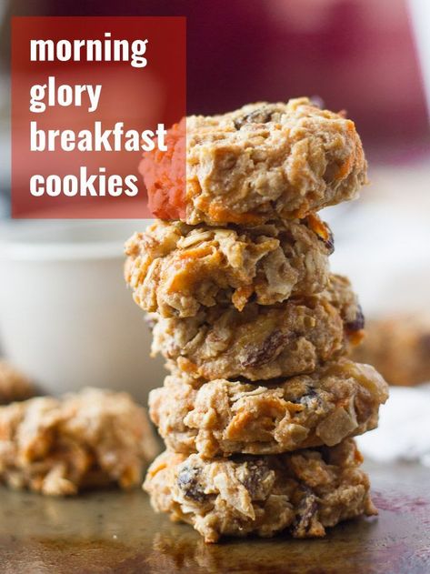 These morning glory breakfast cookies are made with an oat flour base, with carrots, apples, raisins, nuts and coconut. They’re light, fluffy, just sweet enough, and make a perfect grab-and-go breakfast. Naturally vegan, and optionally gluten-free! #breakfastcookies #veganbreakfast #gluten-free #easybreakfastrecipes Nut Free Breakfast, Keurig Recipes, Energy Breakfast, Vegan Snack Recipes, Breakfast Goodies, Morning Snack, Breakfast Cookies, Savory Breakfast, Oat Flour