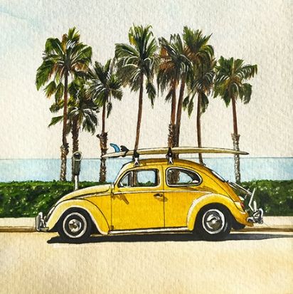 Retro Painting, Small Canvas Paintings, Easy Canvas Painting, Acrylic Painting For Beginners, Retro Car, Canvas Painting Ideas, Watercolor Art Lessons, California Beach, Vw Bug