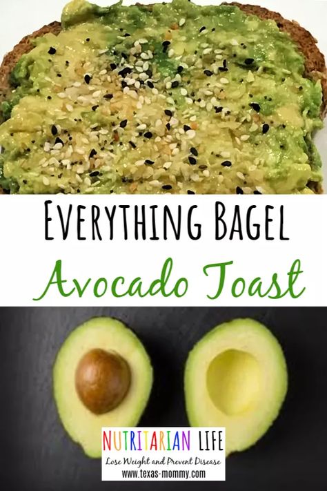 Everything Bagel Avocado Toast Recipe | Nutritarian Life Avocado Toast With Everything Seasoning, Bagel Avocado, Nutritarian Recipes, Nutritarian Diet, Everything Bagel Seasoning, Whole Food Plant Based, Avocado Toast Recipe, Bagel Seasoning, Plant Based Breakfast