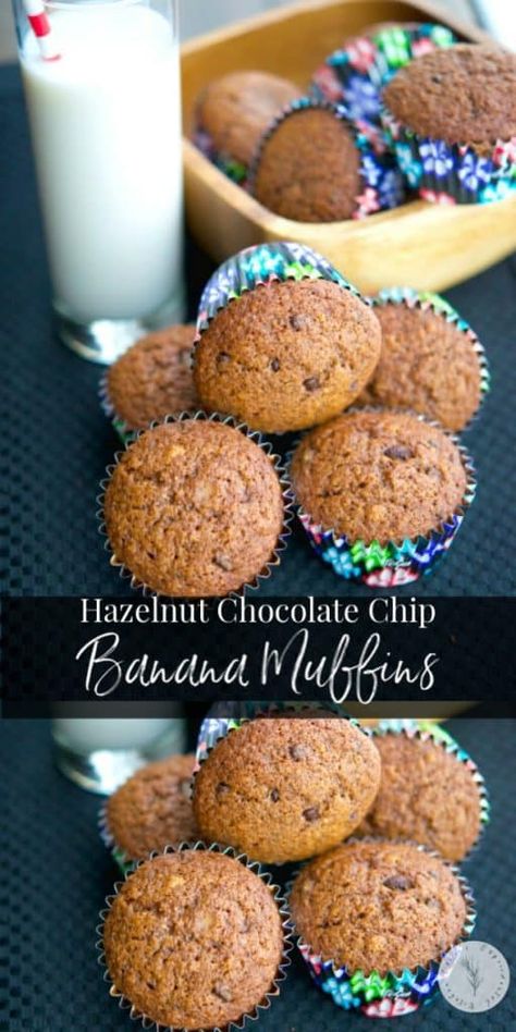 Utilize those ripe bananas by making these deliciously moist Hazelnut Chocolate Chip Banana Muffins. They're perfect for a quick on the go breakfast or afternoon snack. #muffins #hazelnut #bananas #breakfast #dessert Quick On The Go Breakfast, Snack Muffins, Hazelnut Muffins, Lava Cookies, Chocolate Chip Banana Muffins, On The Go Breakfast, Fast Dessert Recipes, Nutella Fudge, Fast Desserts