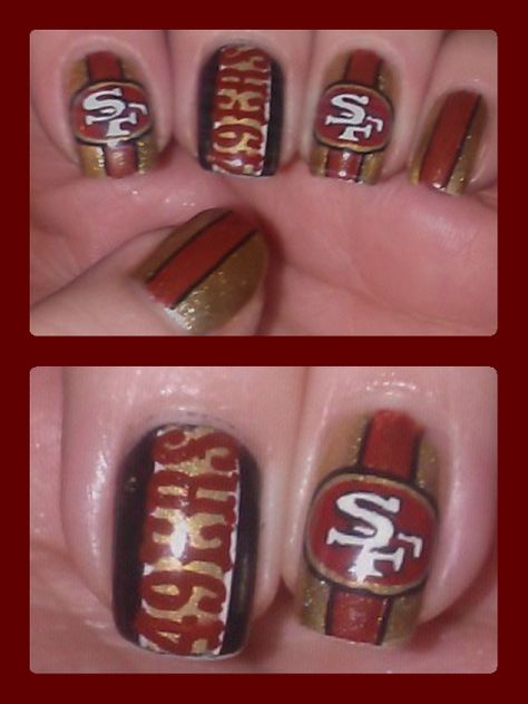 San Francisco 49ers Nails Design, 49er Nails, Chiefs Nails, 49ers Design, Era Nails, 49ers Nails, Nfl Nails, Football Nail Designs, Football Nail Art