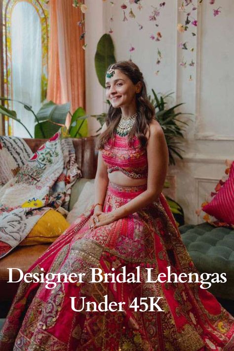 Indian designer bridal lehengas under 45k Mehendi Outfits For Bride, Haldi Outfit For Bride, Manish Malhotra Lehenga, Mehendi Dress, Mehandi Outfits, Haldi Ceremony Outfit, Mehndi Outfit, Mehendi Outfit, Haldi Outfits