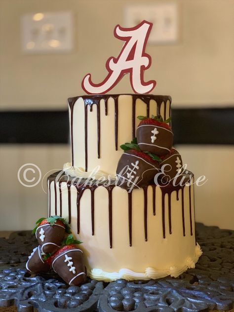 Alabama grooms cake idea. Two tier grooms cake idea. Ganache drizzle grooms cake. Football dipped strawberries. Cakes by Elise Alabama Grooms Cake, Football Grooms Cake, Alabama Cake, Grooms Cake Hunting, Football Wedding Cake, Grooms Cake Ideas, Alabama Cakes, Grooms Cake Tables, Groomsman Cake