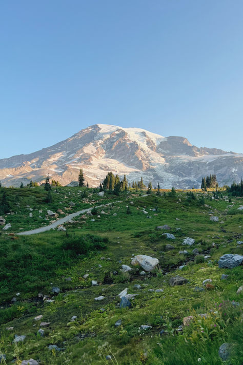 A stunning photograph of Mount Rainier, showcasing the majestic snow-capped peak against a clear blue sky with lush green forests at its base. The image captures the grandeur and natural beauty of the Washington landscape, making it a perfect addition to any nature-themed decor. Pacific Northwest Photography, Pnw Painting, Mountain Rainier, Pacific Northwest Aesthetic, Washington Landscape, Pacific Northwest Landscape, Washington Forest, View Scenery, Pacific Northwest Art