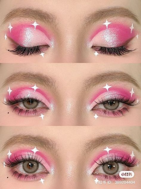 Pink Makeup Eyeliner, Easy Crazy Makeup Looks, Princess Peach Eye Makeup, Pop Makeup Looks, Pop Of Color Makeup Looks, Pink And Green Makeup Looks, Pink Festival Makeup, Simple Cute Makeup Looks, Cotton Candy Eyeshadow