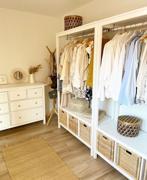 Open Wardrobe Small Bedroom, Room No Closet Ideas, Exposed Closet Bedroom, Open Concept Closet In Bedroom, Open Closet In Bedroom, No Closet Solutions Bedroom, Open Closet Ideas, Spare Room Walk In Closet, Small Dressing Rooms