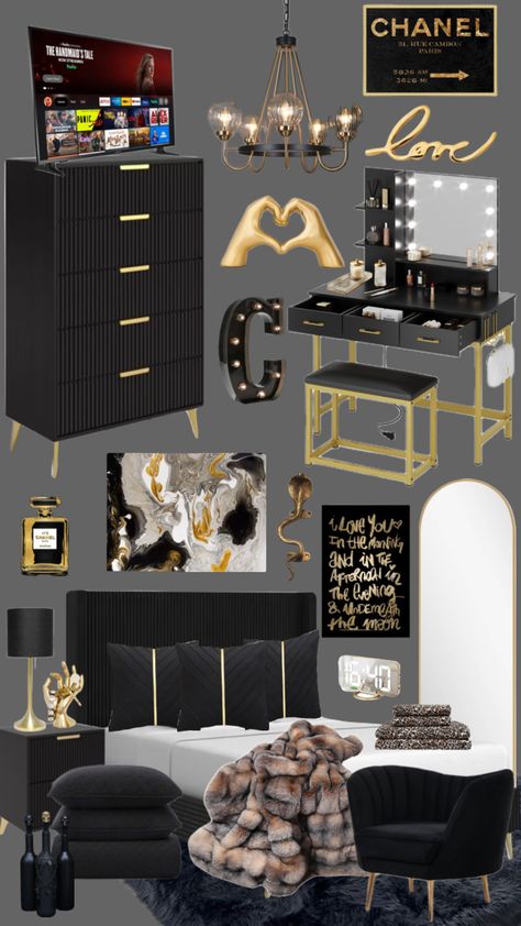 Claire’s Glam Room #glamorous #glamaesthetic #blackandgold #homedecor Black And Gold Apartment, Black And Gold Room Decor, Gold Theme Room, Gold And Black Bedroom, Black And Gold Room, Black And Gold Bedroom Ideas, Black And Gold Bedroom, Vibe Rooms, Gold Room Decor