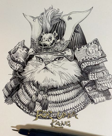 Kang Meng, Samurai Cat Tattoo, Cat Samurai, Artstation Dragon, Cat Sketch, Three Cats, Ink Illustrations, Japanese Tattoo, Cat Illustration