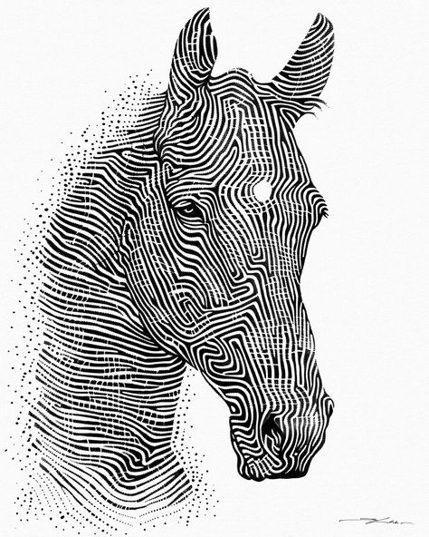 Equus Labyrinthus it’s all about exploring form and pattern through this intricate depiction of a horse’s head. I used these meandering black lines on a white background to create a sort of labyrinth that defines the horse but also abstracts it. The complexity of the lines is meant to reflect the interconnected patterns that make up our identities, both the parts we show and the parts we keep hidden. I put a lot of care into the technical side of things. The lines vary in density and direct... Complex Patterns Art, Intricate Line Art, Abstract Forms Design, Philosophical Art, Patterns Black And White, Horse Motif, Visual Texture, Black Lines, Doodle Art Designs