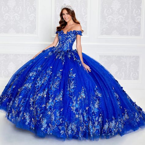 Blue Quince Dress, Royal Blue Quinceanera Dresses, Fabric Beading, Ethereal Fashion, Royal Blue Quinceanera, Quinceañera Dresses, Off Shoulder Ball Gown, Quinceañera Ideas, White Quinceanera Dresses