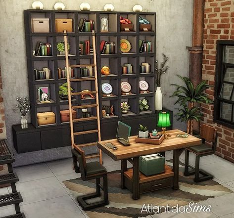 https://www.instagram.com/p/CTNPHxjDEgx/?igshid=YmMyMTA2M2Y= Industrial Apartment Sims 4, Sims 4 Home Library, Sims 4 Industrial, Sims 4 Industrial House, Industrial House Interior, Sims 4 Library, Bedroom Library, Brick Apartment, Industrial Office Furniture