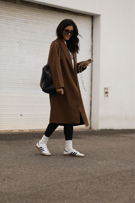 Thara Open-Front Wool-Blend Coat curated on LTK Wool Coat Sweatshirt Outfit, Coat And Sneakers, Plaid Coat, Sweatshirt Outfit, Brown Coat, Wool Blend Coat, Sneakers Outfit, Fall Winter Outfits, Long Coat