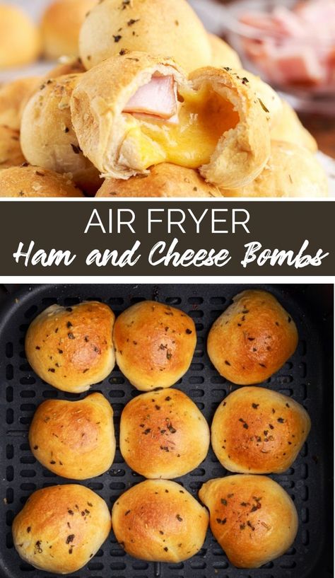 These Air Fryer Ham and Cheese Biscuit Bombs are the perfect snack or breakfast treat! Ham And Cheese Biscuits, Copycat Recipes Desserts, Air Fryer Ham, Air Fryer Popcorn, Popcorn Ideas, Ham Biscuits, Cheese Biscuit, Tomatoes And Cheese, 30 Min Meals