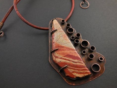 Snake skin jasper pendant-copper metalwork pendant Contemporary Jewelry Design, Rusty Orange, Pale Peach, Metal Clay Jewelry, Jewelry Design Inspiration, Mixed Metal Jewelry, Jasper Pendant, Copper Pendants, Contemporary Jewelry