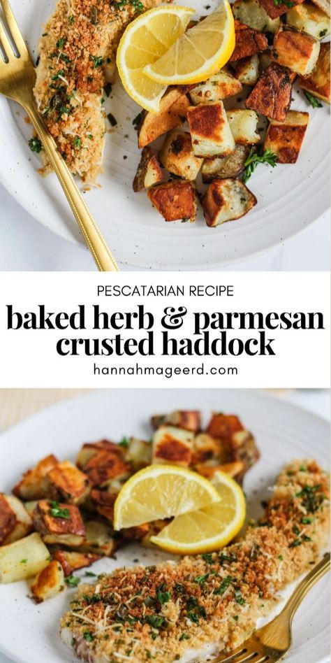 Enjoy the goodness of fish hassle-free with this simple but super tasty Herb & Parmesan Crusted Haddock recipe. The baked haddock goes in the oven for 7-10 minutes with an easy-to-make herby crust of parmesan cheese and panko crumbs on top. Serve this pescatarian recipe with rice, quinoa, or potatoes and your favourite veg for a simple, delicious, and healthy dinner meal.  #healthydinner #healthydinners #healthymealideas #healthymealplan #easymeals #healthyrecipeshare #fishrecipes #haddock #pescatarian #pescatarianrecipes #bakedhaddock Baked Haddock Recipes, Recipe With Rice, Baked Haddock, Haddock Recipes, Seafood Dish Recipes, Parmesan Roasted Potatoes, Baked Fish Recipes, Easy Main Dishes, Panko Crumbs