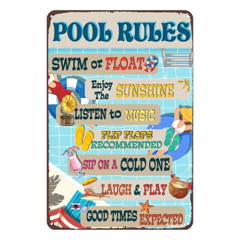 PRICES MAY VARY. Pool Rules Sign - Perfect decor for swimming pools! Add a splash of wall art pool decor to your swimming area this season.Funny pool rules signs.Metal sign dimensions are 12x8 Inch FEATURES:Tin signs are printed by waterproof and non-glare high-definition digital printing ink.The graphics and wordings of the sign will withstand the elements and will not fade over the years.No matter the sun, rain, or other extreme weather. Easy To Hang: This Lightweight Metal Tin Sign Comes With Pool Sayings Signs, Pool Signs Diy, Pool Deck Decor, Pool Rules Sign, Vintage Pool, Patio Wall Decor, Restaurant Beach, Pool Rules, Deck Decor