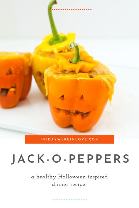 Jack-o-peppers: An easy Halloween stuffed peppers recipe you can make in advance! #jackopeppers #halloween #halloweendinner #healthydinnerideas #fridaywereinlove Halloween Stuffed Peppers, Stuffed Peppers With Rice, Ghouls Night, Healthy Halloween, Halloween Dinner, Chicken Stuffed Peppers, Pepper Jack, Fall Dinner, Peppers Recipes