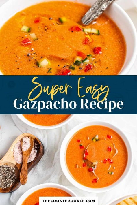 Easy Gazpacho Recipe, Cold Soups For Summer, Easy Gazpacho, Cold Soup Recipes, Gazpacho Soup, Gazpacho Recipe, Summer Soup, Spanish Recipes, Pureed Soup