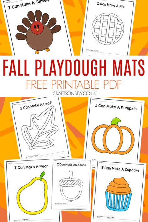 Fall Playdough Mats: 12 FREE Printable Designs Play Doh Pumpkin, Fall Playdough Mats Free, Fall Playdough Tray, Free Thanksgiving Preschool Printables, Fall Playdough Mats Free Printables, Playdough Cards Free Printables, Free Printable Playdoh Mats, Fall Playdoh Activities, Fall Play Doh Mats