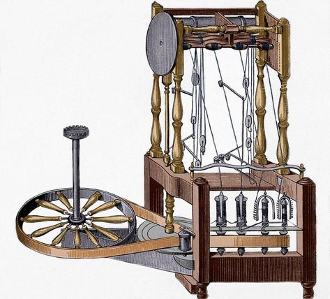 Spinning-frame. Designed in 1767 by Richard Arkwright (1732-1792). Colored engraving. Robot Rabbit, Richard Arkwright, Spinning Cotton, 8th Grade History, Revolution Poster, Water Frame, World History Lessons, Water Power, Pocket Park