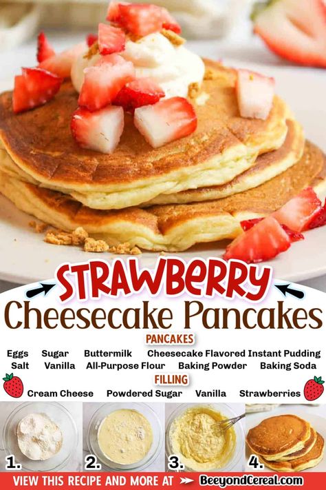 These tasty strawberry cheesecake pancakes are really going to hit the spot. They're indulgent, light, filling, and oh so perfect that you swear they're a dessert. Strawberry Cheesecake Pancakes, Pancake Fillings, Cracker Barrel Copycat Recipes, Cheesecake Pancakes, Easy Strawberry Cheesecake, Cream Cheese Pancakes, Homemade Pancake Recipe, Strawberry Pancakes, Dessert Healthy