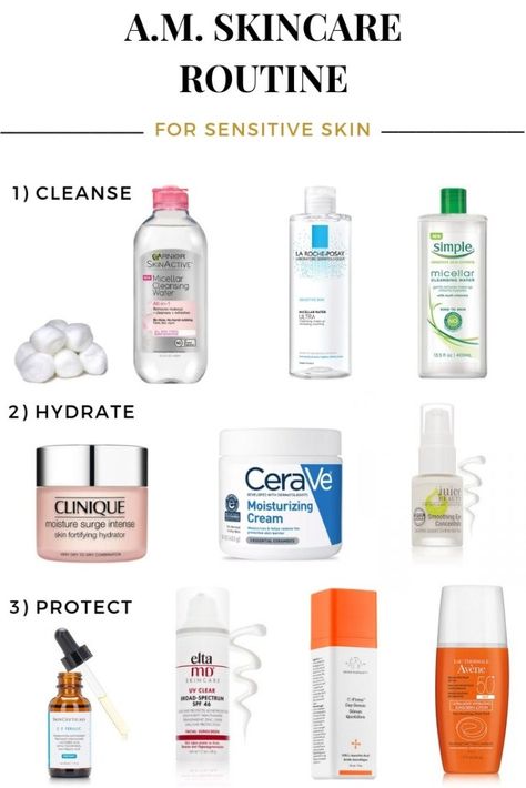 MORNING SKINCARE ROUTINE FOR SENSITIVE SKIN Skin Care Routine Sensitive, Skin Care Sensitive Skin, Skincare Routine For Sensitive Skin, Skin Care Products For Acne, Products For Acne, Sensitive Skin Care Routine, Sensitive Skin Makeup, Haut Routine, Morning Skincare Routine