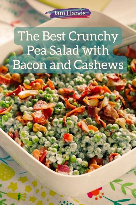 Creamy, crunchy with a tiny bit of sweet from dried cranberries – this delicious pea salad with bacon and cashews side dish has just the right amount of everything. Head over to the blog for the recipe! It is a quick recipe to make, though it needs to chill for an hour. It is a great dish or lunch recipe or summer recipe. Crunchy Salad Recipes, Crunchy Pea Salad, Pea Salad With Bacon, Ham Dinner Recipes, Asian Salad Recipe, Pea Salad, Potluck Dishes, Seafood Dinner, Salad Side Dishes