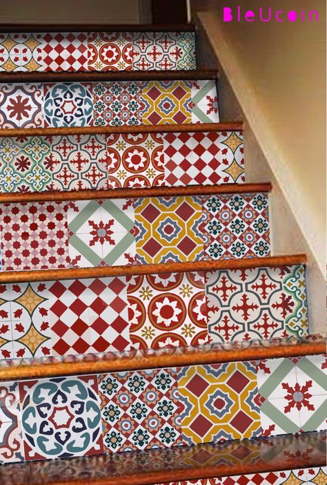 Wall Color Schemes, Stair Decals, Tile Stickers Kitchen, Stair Riser Decals, Stair Riser, Tile Stairs, Tile Decals, Stair Risers, Tiles Design