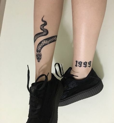 1999 ankle tattoo Serpent Tattoo, Word Tattoo, Leg Art, Snake Tattoo Design, Inspiration Tattoos, Irezumi Tattoos, Lotus Tattoo, Snake Tattoo, Ankle Tattoo