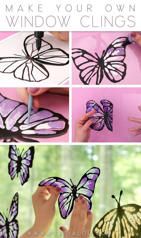 Glass Window Decor Ideas, Faux Stained Glass Suncatchers Diy, Butterfly Stained Glass Window Art, Butterfly Window Craft, Homemade Window Clings, Sharpie Stained Glass Craft, Diy Fake Stained Glass Projects, Diy Window Clings How To Make, How To Make Window Clings