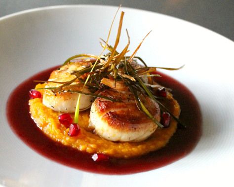 Scallops with Pomegranate Beurre Blanc: Easy and Elegant! | Coley Cooks... Gourmet Food Plating, Squash Puree, Seafood Entrees, Scallop Recipes, Fine Dining Recipes, Scallops Seared, Seafood Dinner, Tasting Menu, Seafood Dishes