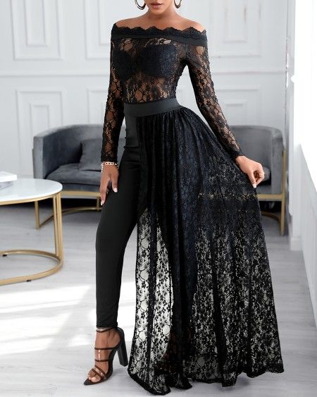 Mesh Clothing Women, Lace Jumpsuit Outfit Classy, Lace Sleeve Styles, Fan Meeting Outfits, Asymmetrical Crochet, Prom Jumpsuit, Design Blouse, Lace Sleeve Top, Off Shoulder Jumpsuit