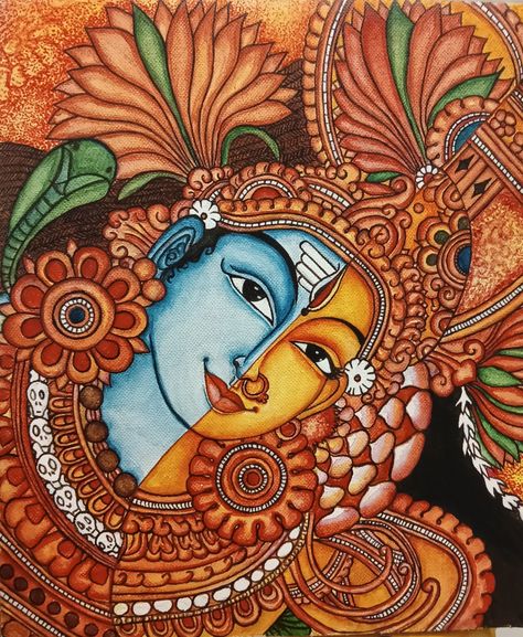 Kerala mural Kerala Mural Painting On Canvas, Krishna Mural Painting, Kerala Mural Art, Buddha Painting Canvas, Mural Art Design, Mural Paintings, Kerala Mural Painting, Black Paper Drawing, Indian Art Gallery