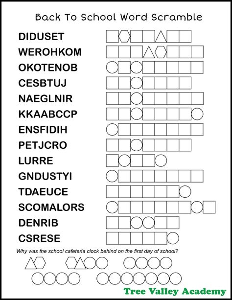 Challenge returning upper elementary students and older to a back to school word scramble. Students will need to unscramble the jumbled school words. When all the mixed up letters are unscrambled, the answer to a back to school joke will be revealed. Free to download and print. Pdf includes answers. Back To School Word Scramble, Shakespeare Games, Scramble Letters, School Words, Word Unscramble, 6 Letter Words, Fun Printables For Kids, 2nd Grade Spelling Words, Jumbled Words