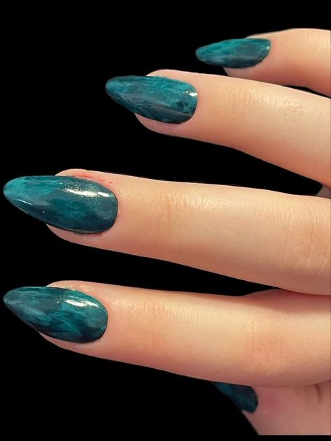 Turquoise Nail Designs Short, Nails Teal Green, Blue Green Almond Nails, Turquoise Nails Acrylic Almond, Teal Almond Shaped Nails, Green Blue Marble Nails, Teal Acrylic Nails Almond, Ocean Green Nails, Dark Teal Almond Nails