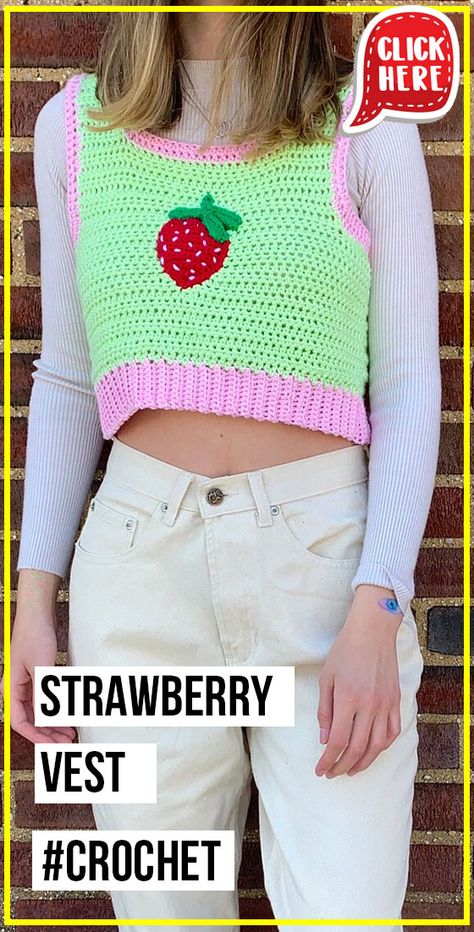 Crochet Strawberry Top, Strawberry Vest, Easy Crochet Vest, Pattern Vest, Pattern Fruit, Crop Top Pattern, Crochet Strawberry, Crochet Crop Top Pattern, Sewing 101