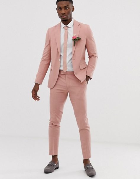 Moss London slim suit trouser in dusty pink | ASOS Pink Suit Men, Trousers Outfit Men, Mens Wedding Attire, Suits Men Business, Dark Skin Men, Wedding Dress Men, Slim Suit, Pastel Outfit, Suit Men