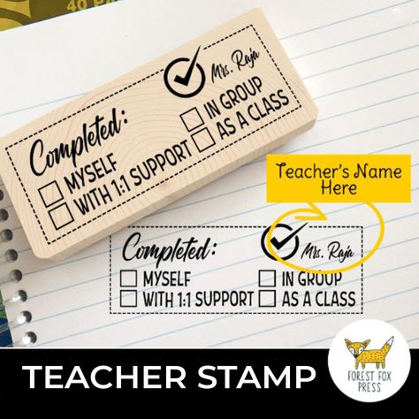 "Wood Size: 3.5\" x 1.5\" Approximate Impression Size: 3.25\" x 1.35\"  Option to order just the Rubber Stamp Only or Rubber Stamp & Pad Bundle. \"Your Teacher Name\" can be added to this \"COMPLETED BY\" stamp is great for a lot of applications. With more icons to choose from, TEACHERS/INSTRUCTORS show your individuality and uniqueness. Perfect for acknowledging work progress accomplishment by individual or group. Save time and give that extra special professional touch! Apply on books, notes, Teacher Stamps Personalized, Teacher Mentor, Classroom Organization Elementary, School Stamps, Teacher Stamps, Teacher Custom, Happy Teacher, Custom Teacher Gifts, Classroom Materials