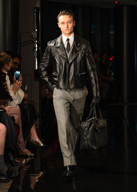 Harrison Osterfield wears Joshua Kane - The Decade Collection Runway - Bespoke menswear womenswear British tailoring - Spider-man actor Harrison wears black leather jacket and bag Harrison Osterfield, Bespoke Tailoring, Runway Collection, Black Leather Jacket, Accessories Home, Wearing Black, London Fashion Week, In London, Spiderman