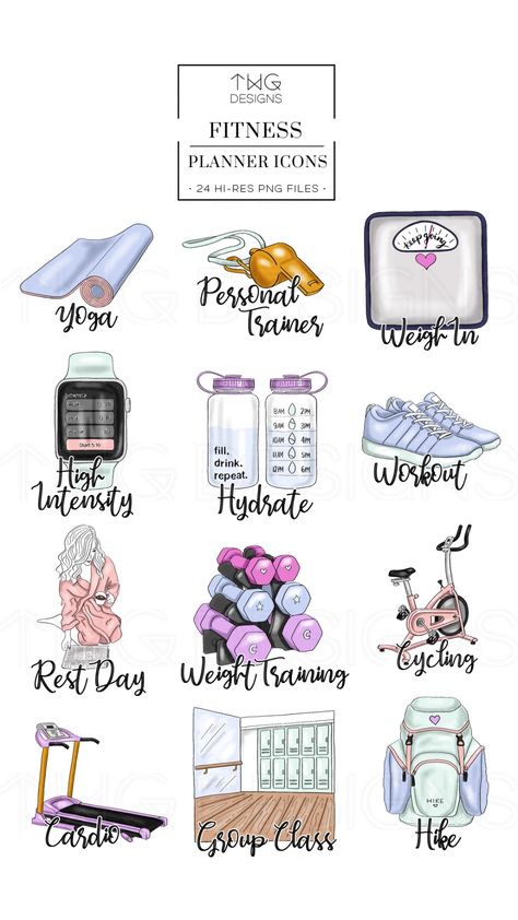 Fitness - To Do Planner Icons – TWG Designs Rest Day Yoga, Business Company Names, Drawn Icons, To Do Planner, Fitness Icon, Planner Icons, Hand Drawn Icons, Rest Day, Scrapbook Stickers Printable