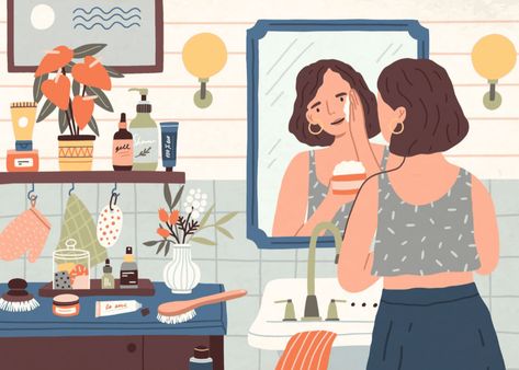 Standing In Front Of Mirror, Skincare Illustration, In Front Of Mirror, Chinese Celebrations, Mirror Illustration, Chinese Holidays, Hosting Holidays, Vegan Products, Vegan Beauty