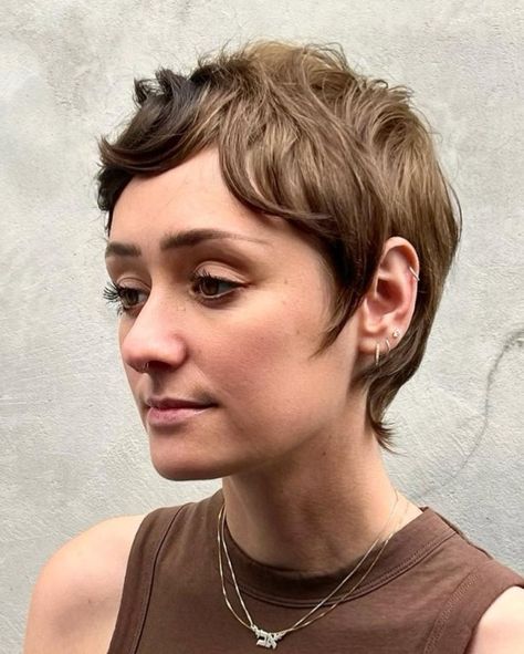 Shaggy Short Pixie, Short Hipster Hair, Feminine Pixie Haircut Fine Hair, Short Shaggy Pixie Haircuts, Above Shoulder Hair, Short Hairstyles For Fine Hair, Blonde Highlights On Dark Hair, Hairstyles For Fine Hair, Haircut Inspo