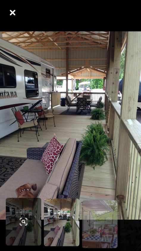 Permanent Rv Setup, Camper Covered Deck Ideas, Rv Porches And Decks, Rv Cover With Porch, Rv Covers With Decks, Travel Trailer Covered Porch, Rv Shelter Ideas, Camper Trailer Cover With Deck, Permanent Camper Site Ideas